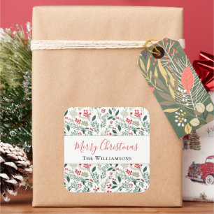 Elegant Red Holly Berry Greenery Quadratischer Aufkleber