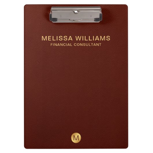 Elegant Red Leather & Gold Monogram Initial Klemmbrett (Vorderseite)