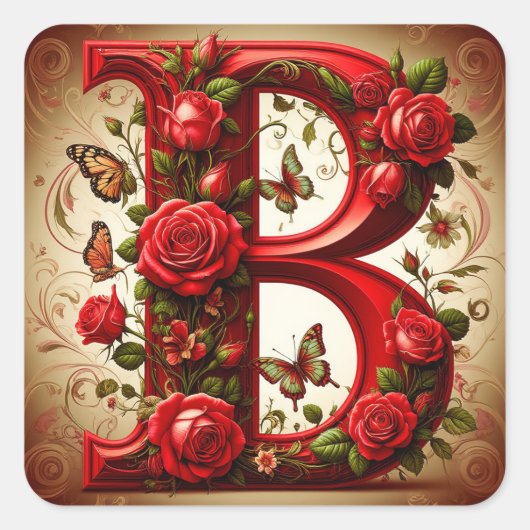 Elegant Red Letter B by Roses and Butterfly Quadratischer Aufkleber (Vorderseite)