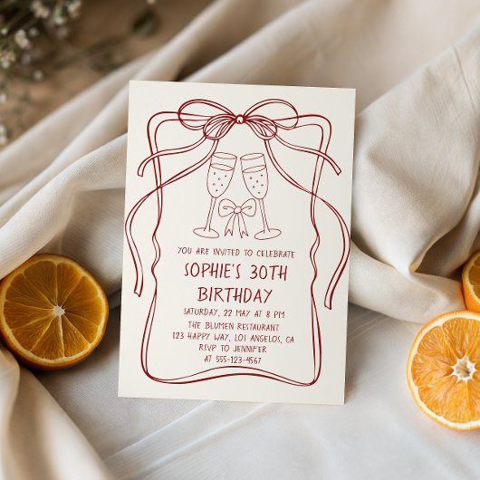 Elegant Red Line Art Bow & Champagne 30th Birthday Einladung
