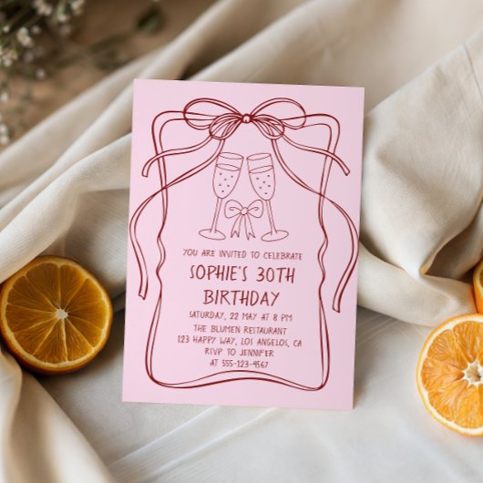 Elegant Red Line Art Bow & Champagne 30th Birthday Einladung