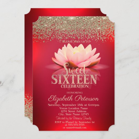 Elegant Red Lotus Gold Confetti Diamond Sweet 16 Einladung (Vorne/Hinten)