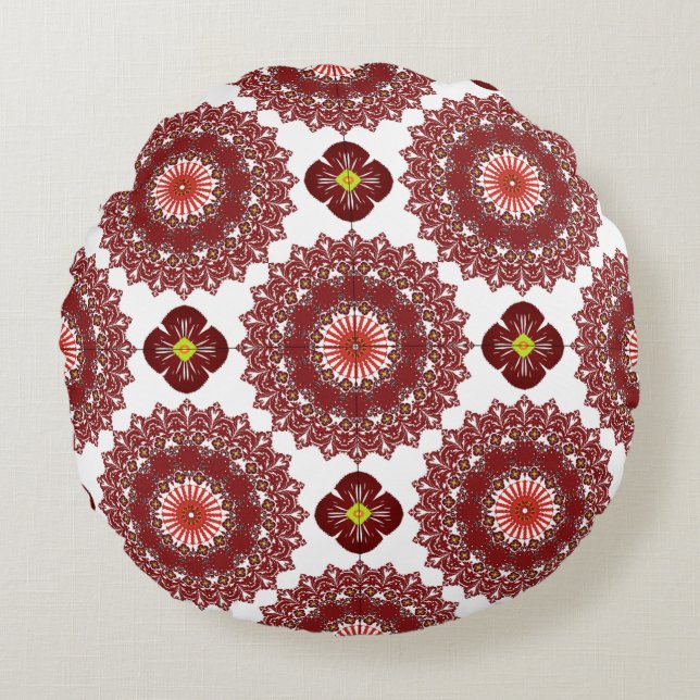 Elegant Red Mandala Geometric Bedroom & Home Texti Rundes Kissen (Vorderseite)