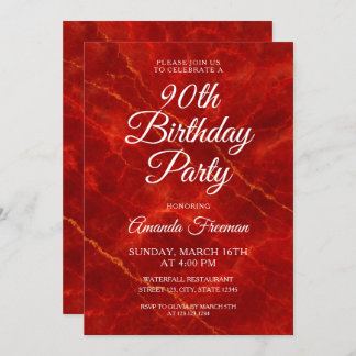 Elegant Red Marble 90. Geburtstag Einladung