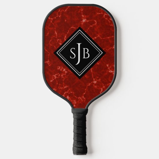 Elegant Red Marble Black Diamond Monogram Pickleball Schläger (Vorderseite)