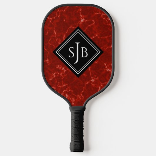 Elegant Red Marble Black Diamond Monogram Pickleball Schläger (Rückseite)