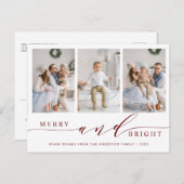 Elegant Red Merry & Bright 3 Foto Holiday Postkarte (Vorne/Hinten)