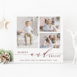 Elegant Red Merry & Bright 3 Foto Square Feiertagskarte<br><div class="desc">Einfache und elegante Urlaubskarte mit weißem Schneemuster auf der Rückseite des Fotos. Für eine weiter gehende Anpassung dieses Designs,  klicken Sie bitte auf den Link Weitere anpassen,  um den Schriftart,  Größe,  Farbe,  etc. zu ändern.</div>