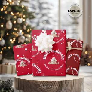 Elegant Red Merry Christmas Graffiti Ingwer House Geschenkpapier Set