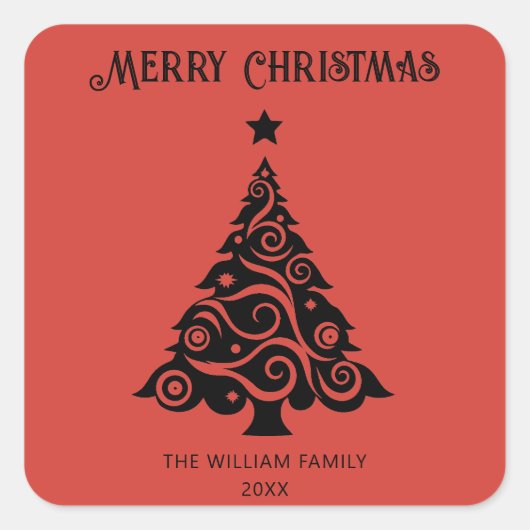 Elegant Red Merry Christmas Tree Weihnachtsgeschen Quadratischer Aufkleber (Vorderseite)