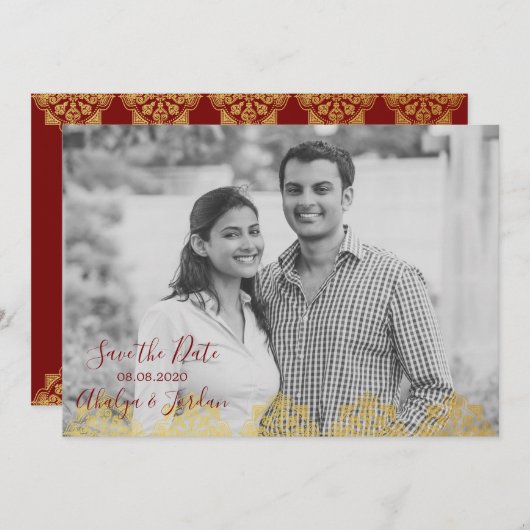 Elegant Red n Gold Ganesha & Mehndi Save the Date (Vorne/Hinten)