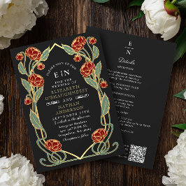 Elegant Red Peony Art Nouveau QR Code Wedding Einladung