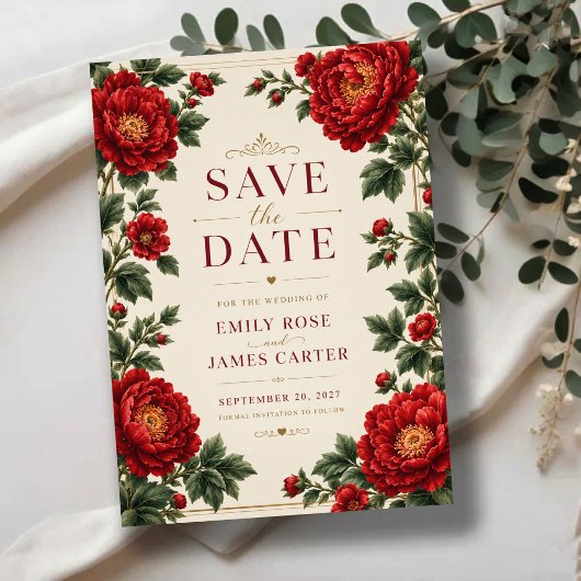 Elegant Red Peony Floral Save The Date