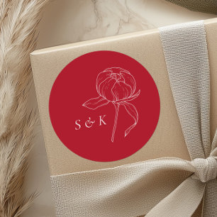 Elegant Red Peony Monogram Wedding Runder Aufkleber