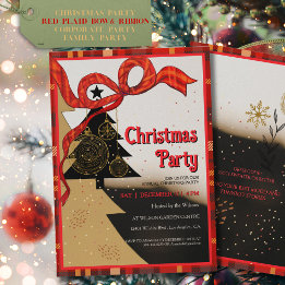 Elegant Red Plaid Ribbon Christmas Party Einladung