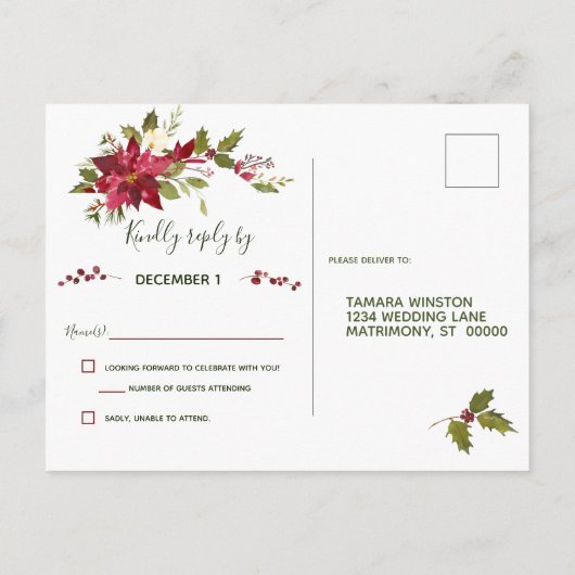 Elegant Red Poinsettia Christmas RSVP Einladungspostkarte (Rückseite)