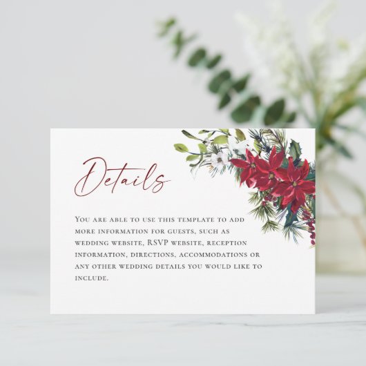 Elegant Red Poinsettia Details zur Weihnachtszeit Begleitkarte (Stehend Vorderseite)
