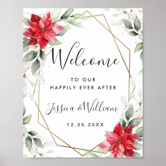Elegant Red Poinsettia Eucalyptus Wedding Willkomm Poster (Vorne)