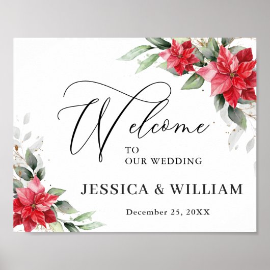 Elegant Red Poinsettia Eucalyptus Wedding Willkomm Poster (Vorne)