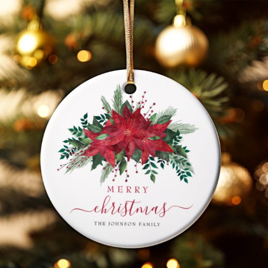 Elegant Red Poinsettia Floral Frohe Weihnachten Keramik Ornament