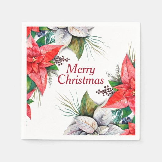 Elegant Red Poinsettia Floral Holly Berry Paper Na Serviette (Vorderseite)