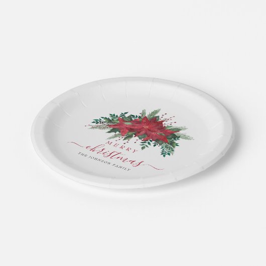 Elegant Red Poinsettia Floral Script Weihnachten Pappteller (Schrägansicht)