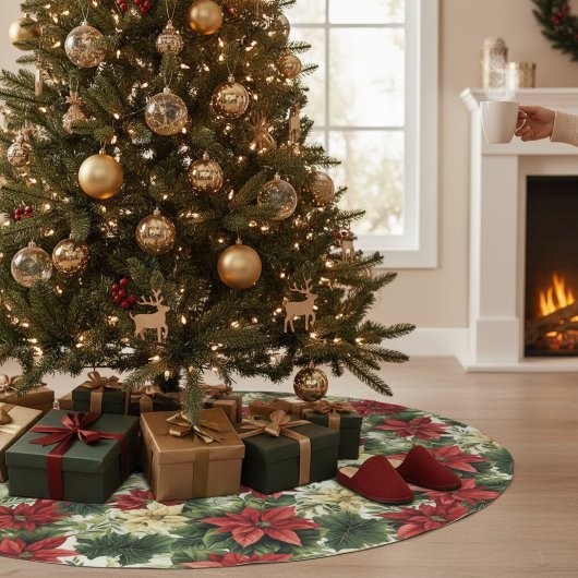 Elegant Red Poinsettia Floral Weihnachtsfeiertag Polyester Weihnachtsbaumdecke