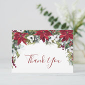 Elegant Red Poinsettia Pine Fir Watercolor Dankeskarte (Stehend Vorderseite)