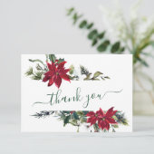 Elegant Red Poinsettia Pine Fir Watercolor Dankeskarte (Stehend Vorderseite)