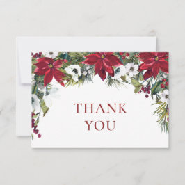 Elegant Red Poinsettia Pine Fir Watercolor Dankeskarte