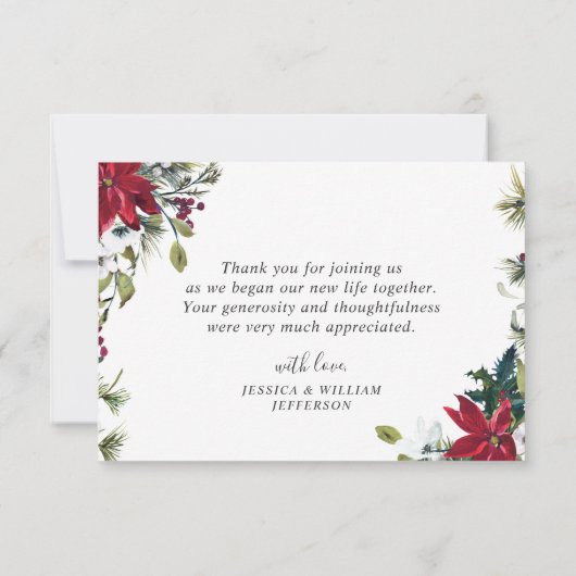 Elegant Red Poinsettia Pine Fir Watercolor Dankeskarte (Rückseite)