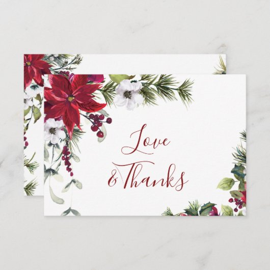 Elegant Red Poinsettia Pine Fir Watercolor Dankeskarte (Vorne/Hinten)