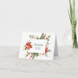 Elegant Red Poinsettia Pine Fir Watercolor Vielen Dankeskarte