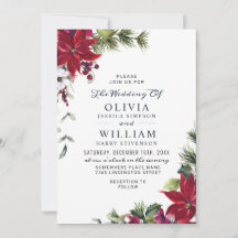 Elegant Red Poinsettia Pine Fir Watercolor Wedding