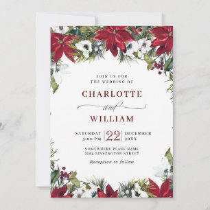 Elegant Red Poinsettia Pine Fir Watercolor Wedding Einladung