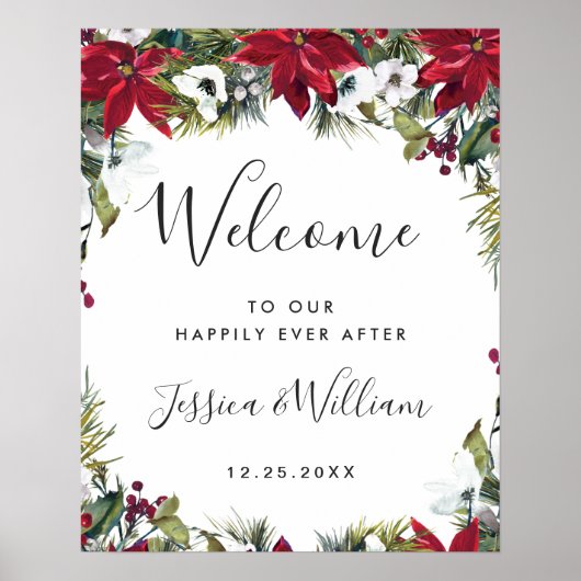 Elegant Red Poinsettia Pine Fur Wedding Willkommen Poster (Vorne)