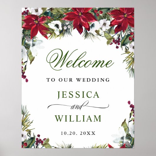 Elegant Red Poinsettia Pine Fur Wedding Willkommen Poster (Vorne)