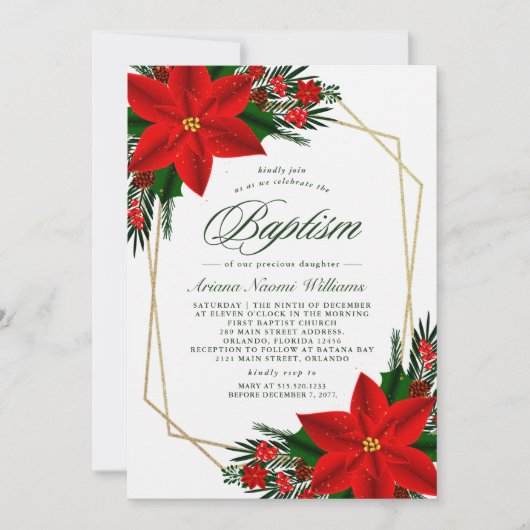 Elegant Red Poinsettia Pine Greenerity Taufe Einladung (Vorderseite)