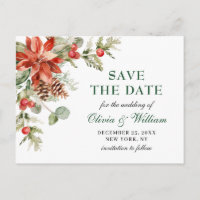 Elegant Red Poinsettia Pine Wedding Save the Date