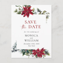 Elegant Red Poinsettia Pine Wedding Save the Date
