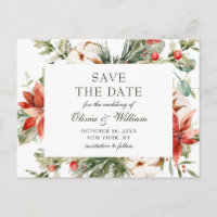 Elegant Red Poinsettia Pine Wedding Save the Date