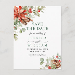 Elegant Red Poinsettia Pine Wedding Save the Date Postkarte