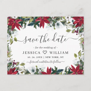 Elegant Red Poinsettia Pine Wedding Save the Date Postkarte