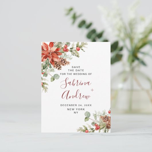 Elegant Red Poinsettia Pine Wedding Save the Date Postkarte (Stehend Vorderseite)