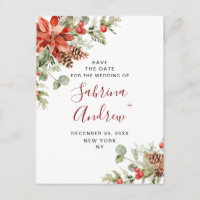 Elegant Red Poinsettia Pine Wedding Save the Date