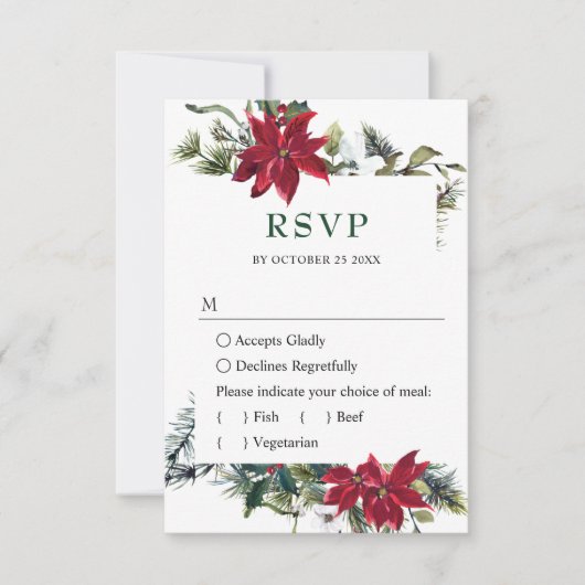 Elegant Red Poinsettia Wasserfarbene Pine Fir Wedd RSVP Karte (Vorderseite)