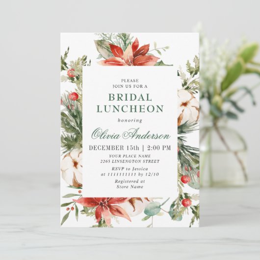 Elegant Red Poinsettia Watercolor Bridal LUNCHEON Einladung (Stehend Vorderseite)