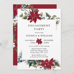 Elegant Red Poinsettia Watercolor ENGAGEMENT PARTY Einladung