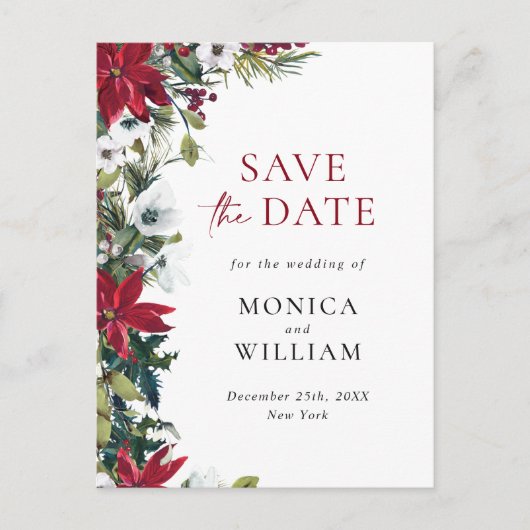 Elegant Red Poinsettia Wedding Save the Date Postkarte (Vorderseite)