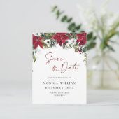 Elegant Red Poinsettia Wedding Save the Date Postkarte (Stehend Vorderseite)